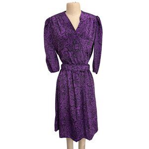 Lady Carol Petites Of New York Purple Black Floral Dress Size 8 Belted V-Neck 10